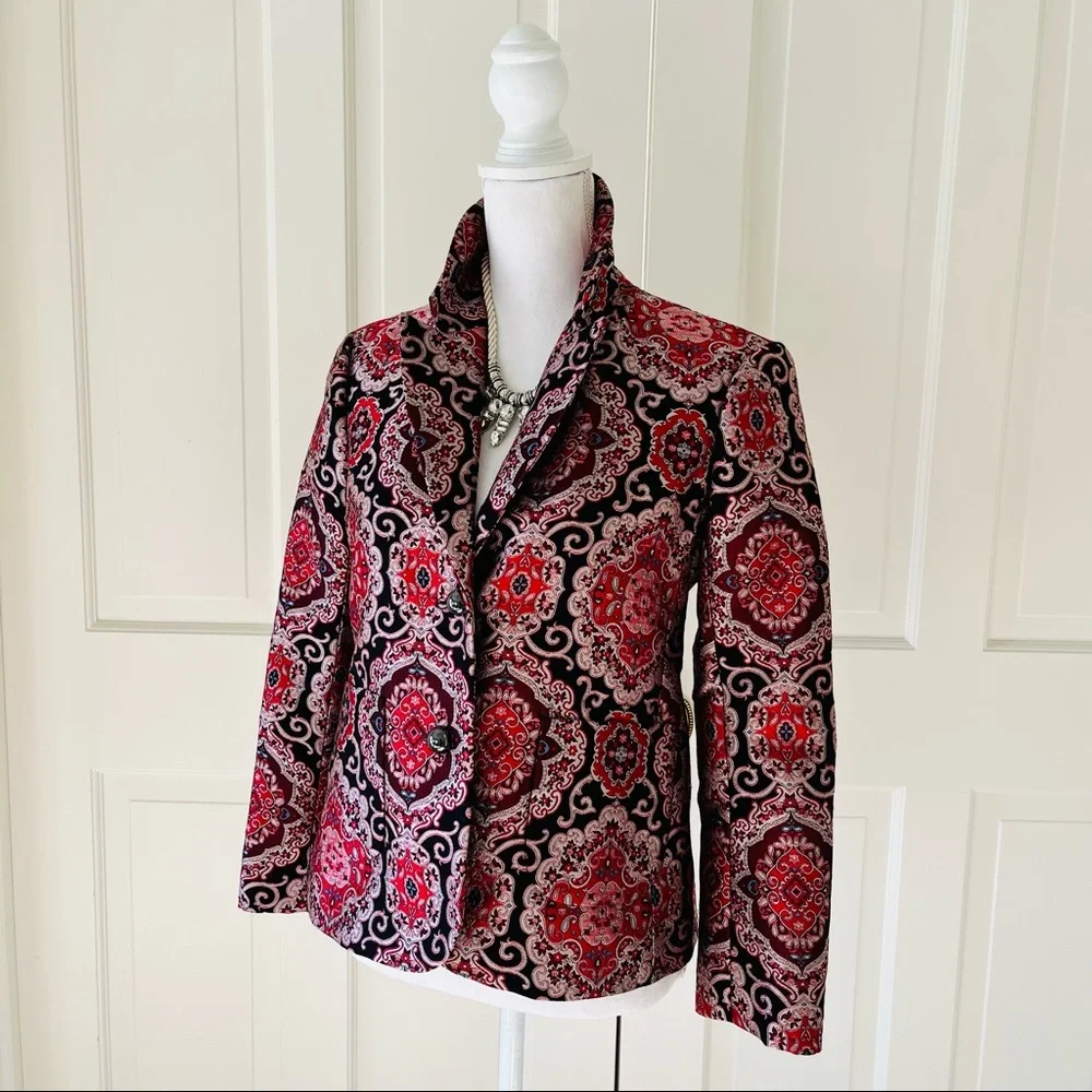Kate Spade red black brocade jacket 2